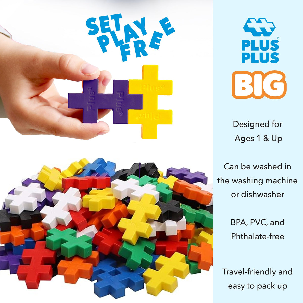 PLUS PLUS Big Basic Colors Mix Building Blocks, 30 x 50 mm, 100 Pcs
