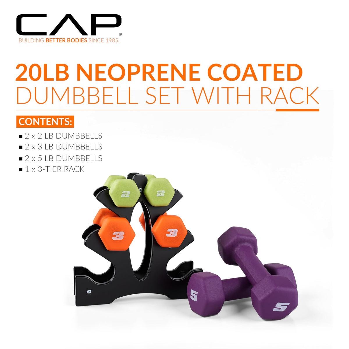 CAP Barbell 20 lb Neoprene Dumbbell Set with Rack, 2, 3, 5 lb Pairs