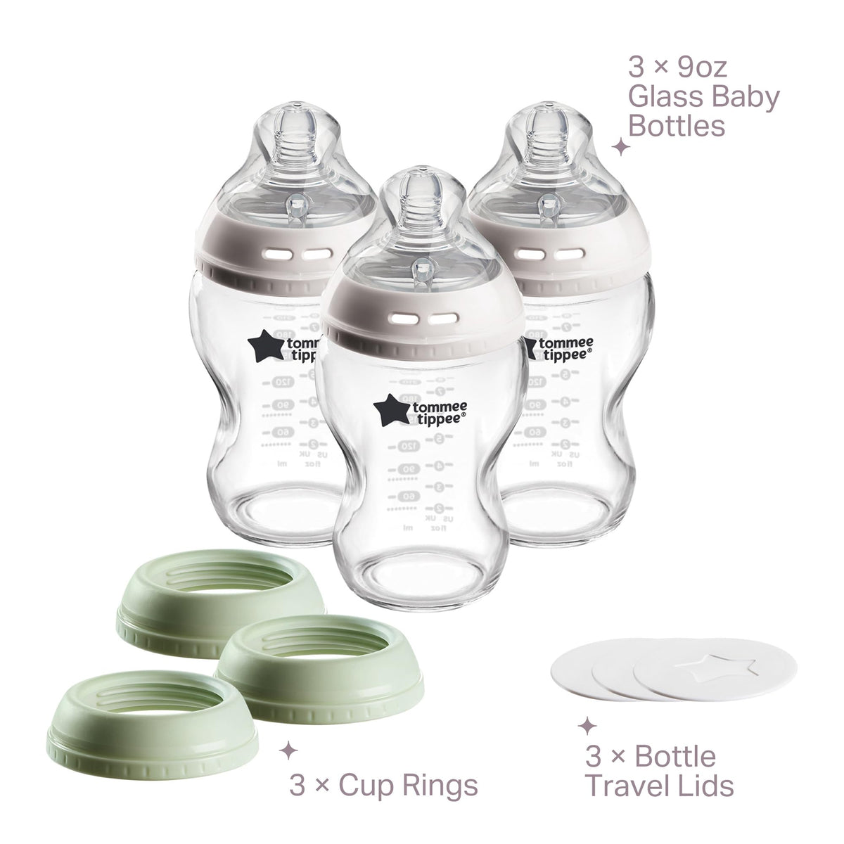 Tommee Tippee Natural Start Glass Baby Bottles, 0m+, 3 x 9 oz/260 ml