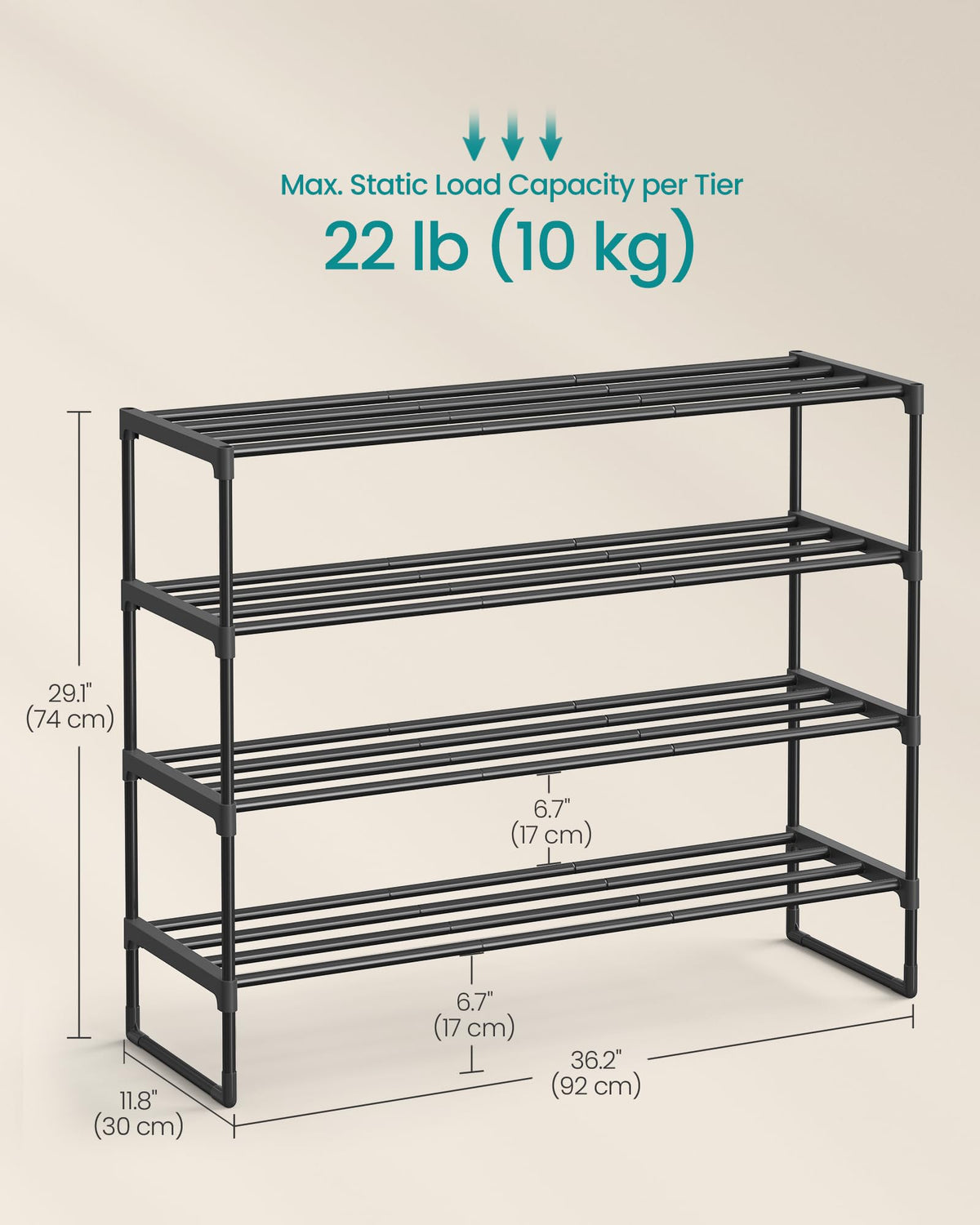 SONGMICS 4-Tier Stackable Shoe Rack, Black ULSA14BK