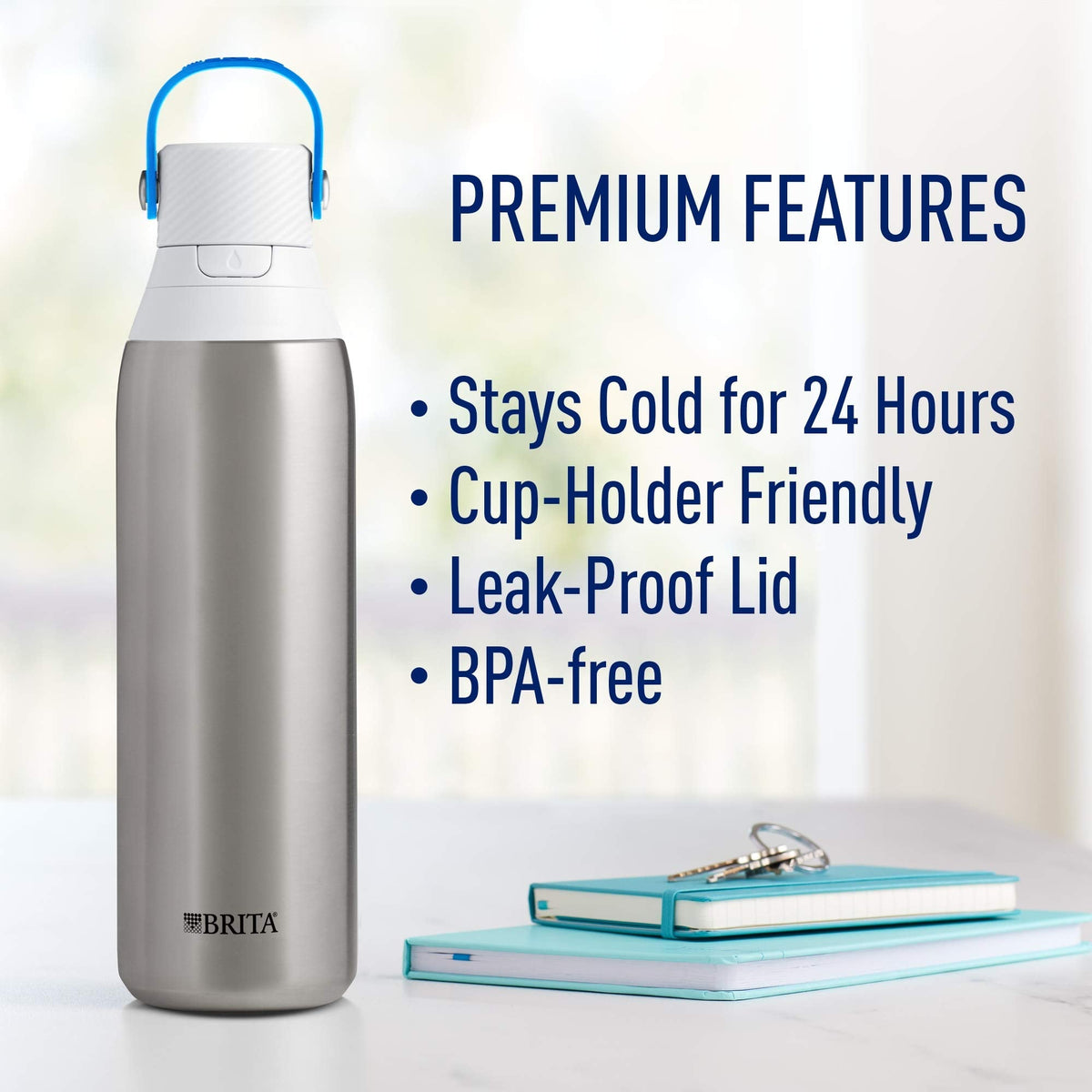 Brita Insulated Stainless Steel Filtering Water Bottle, 26 oz, Silver