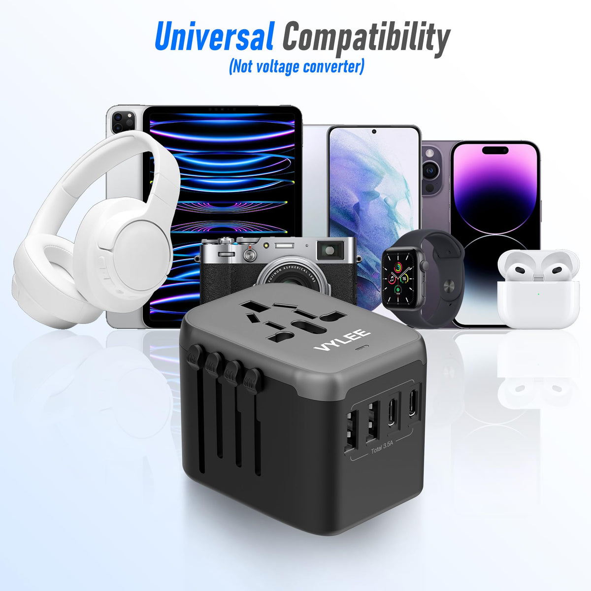 VYLEE 5-in-1 Universal Travel Plug Adapter, 2 USB-A, 2 USB C, Grey