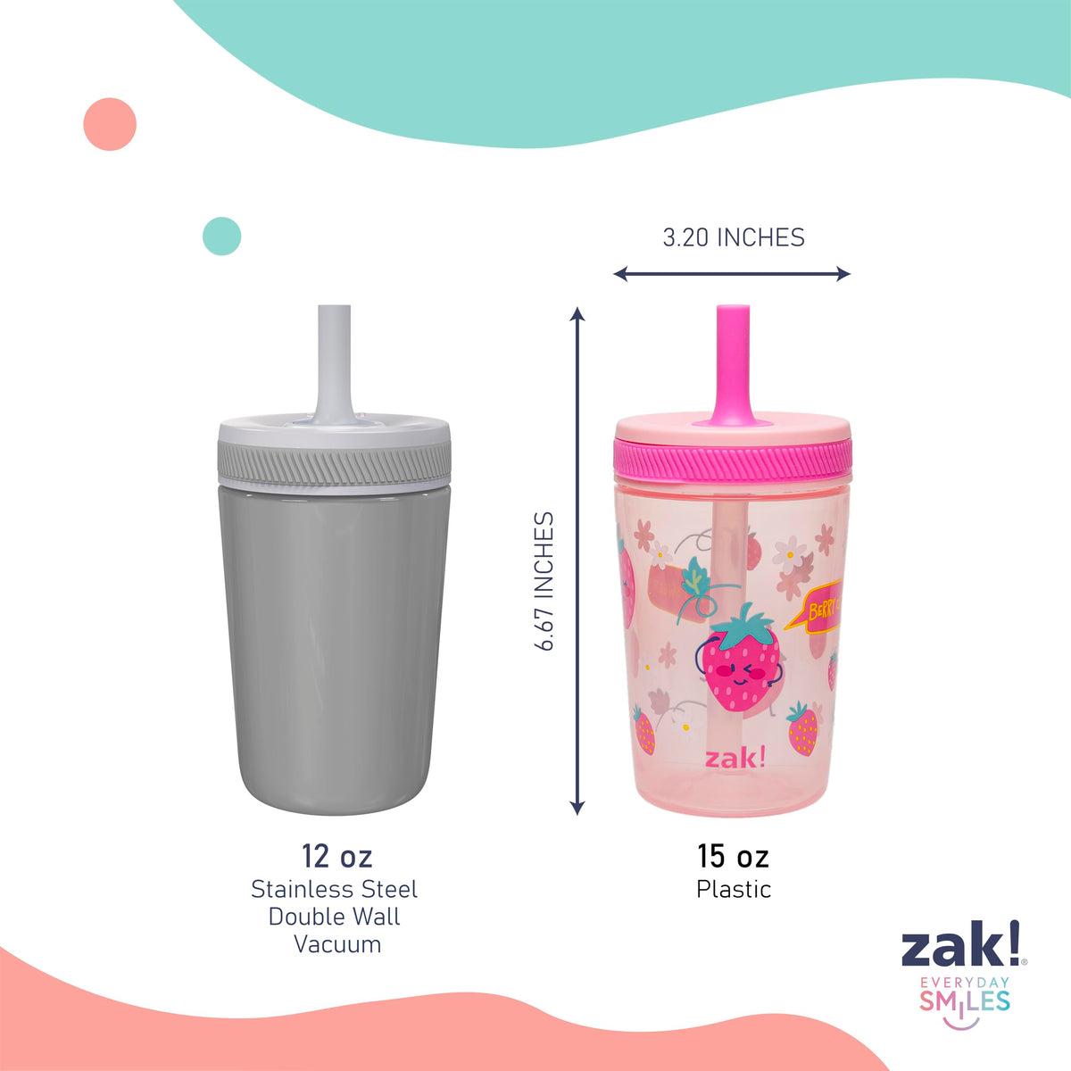 Zak Designs Toddler Straw Cups, 15 oz, Berry & Lemon Zest, 2-Pack