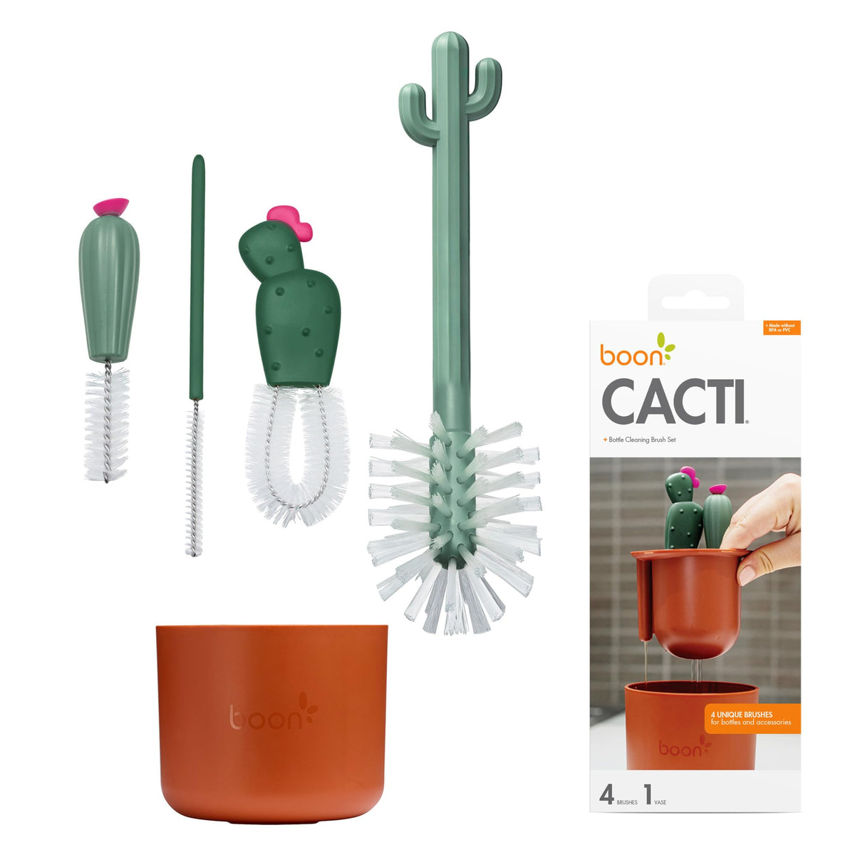 Boon Cacti Bottle Cleaning Brush Set, Terracotta, 4 Piece