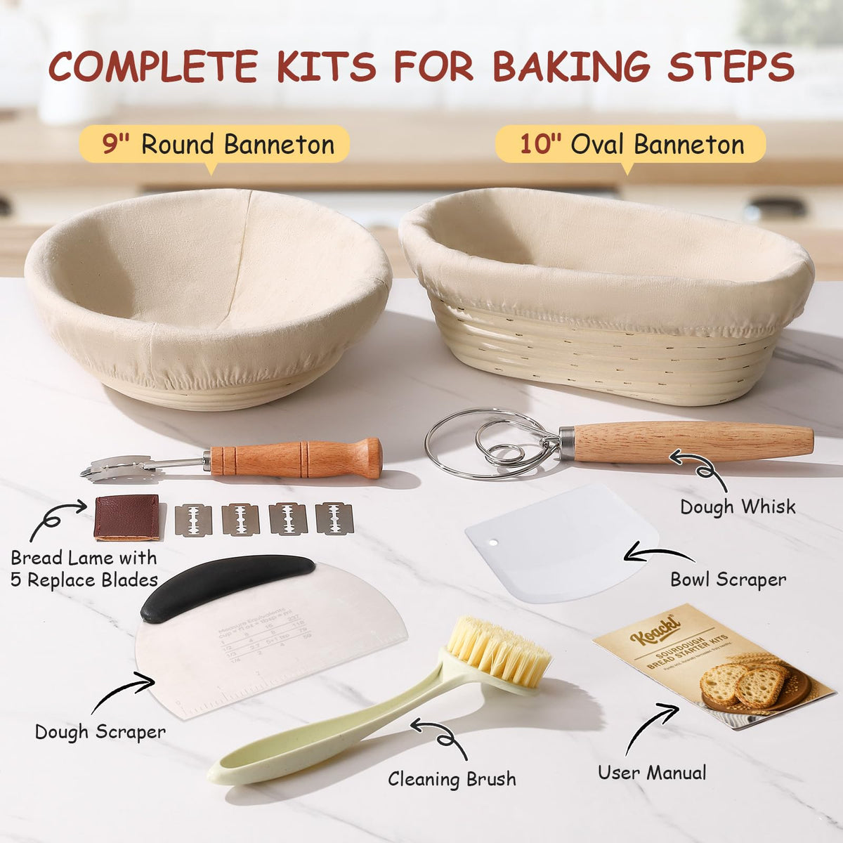 Koackl Sourdough Bread Starter Kit with Banneton Proofing Baskets