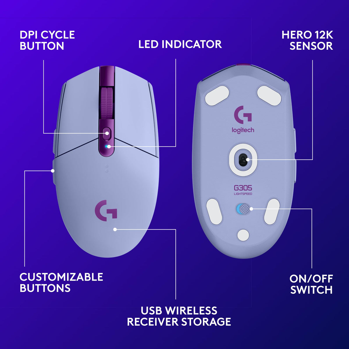 Logitech G305 Lightspeed Wireless Gaming Mouse, Lilac