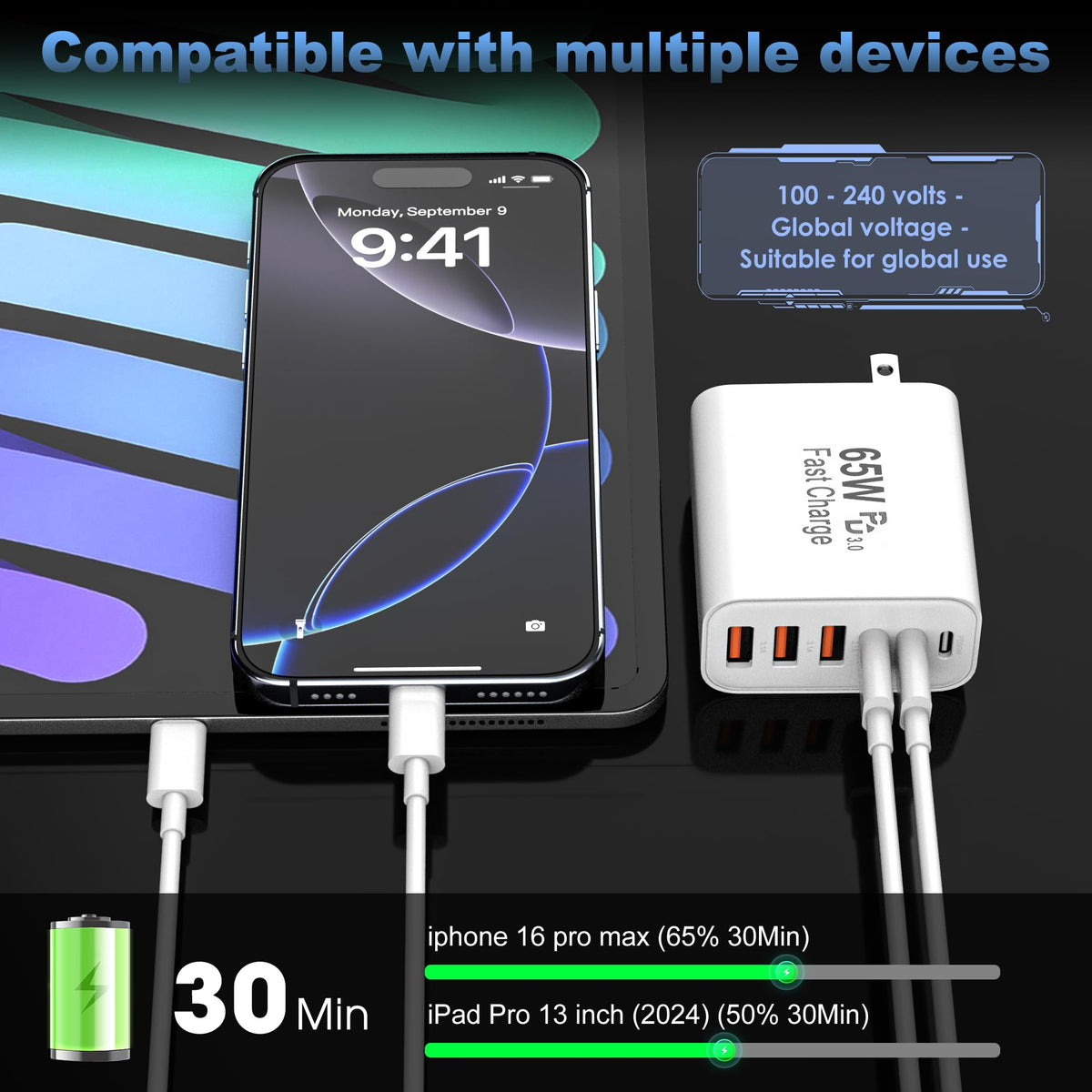 65W 6-Port USB-C Charger Block, Multi-Device Fast Charger