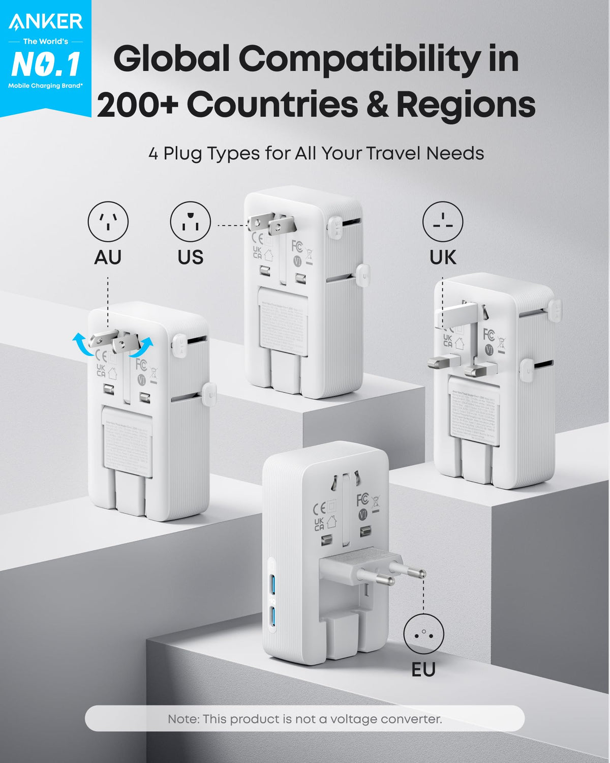 Anker Nano European Travel Plug Adapter, 5-Port, White