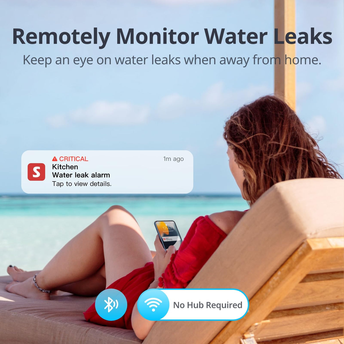 WiFi Water Leak Detector Sensor, IP67 Waterproof, 1 m Cable