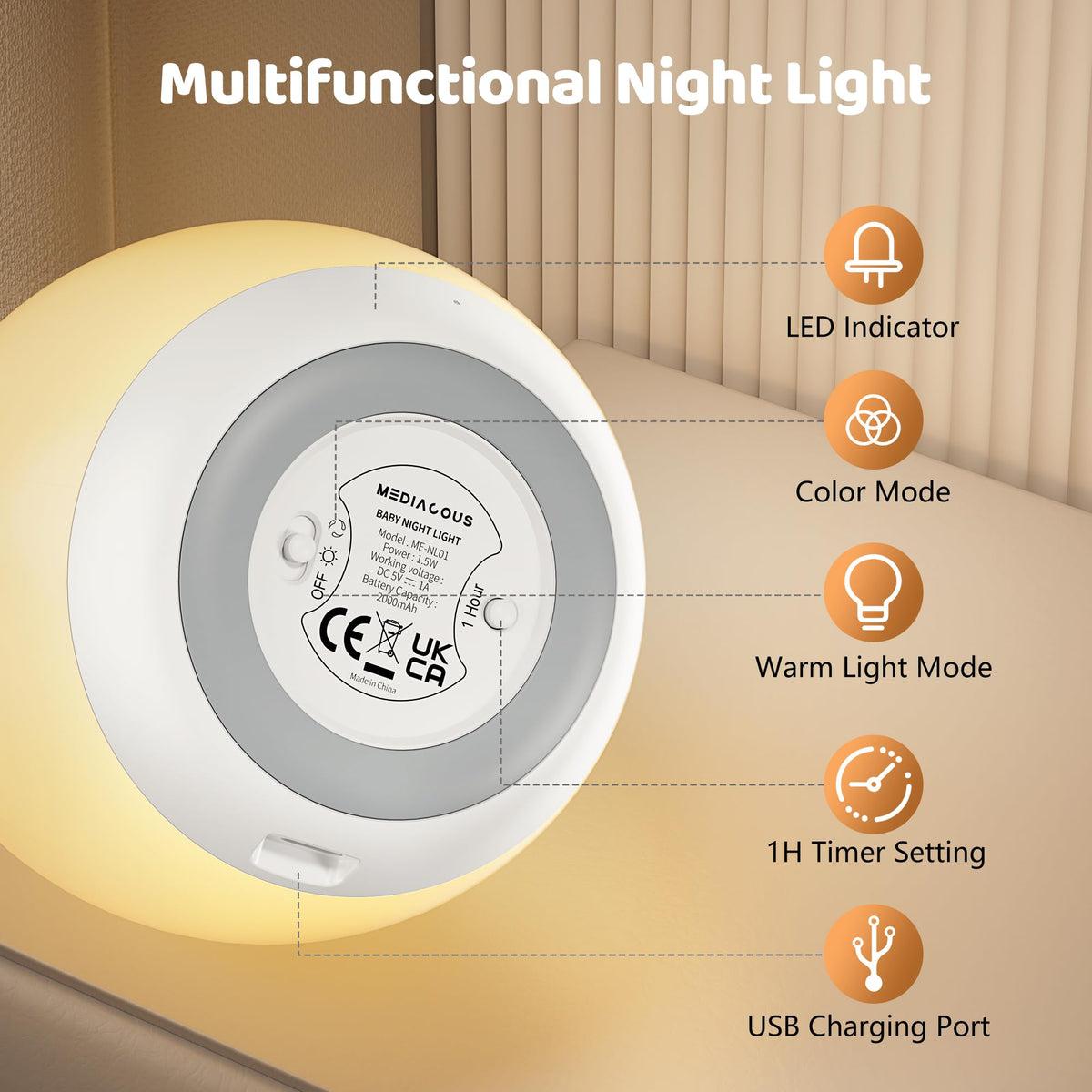 MediAcous Rechargeable Kids' Night Light with Timer, Cream