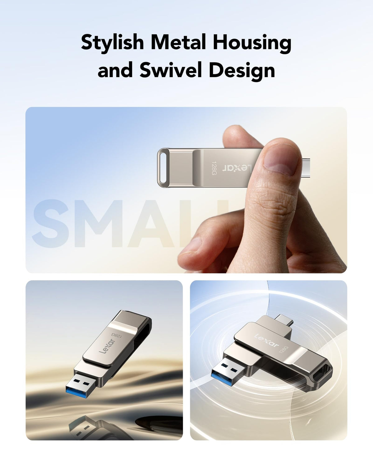 Lexar D40E Dual USB-C Flash Drive, 128 GB, Champagne Silver