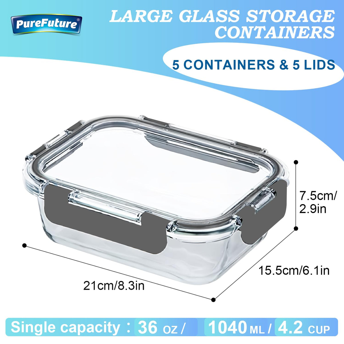 Pure Future Glass Meal Prep Containers, 1040 ml, 5-Pack