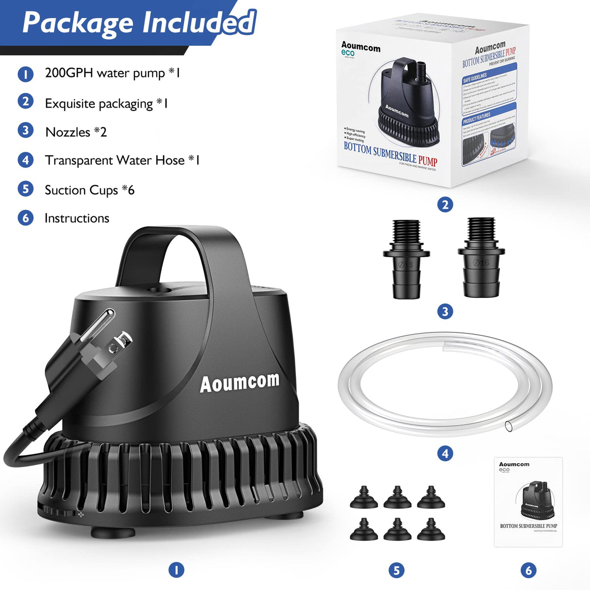 Aoumcom 200 GPH Submersible Water Pump, 10W