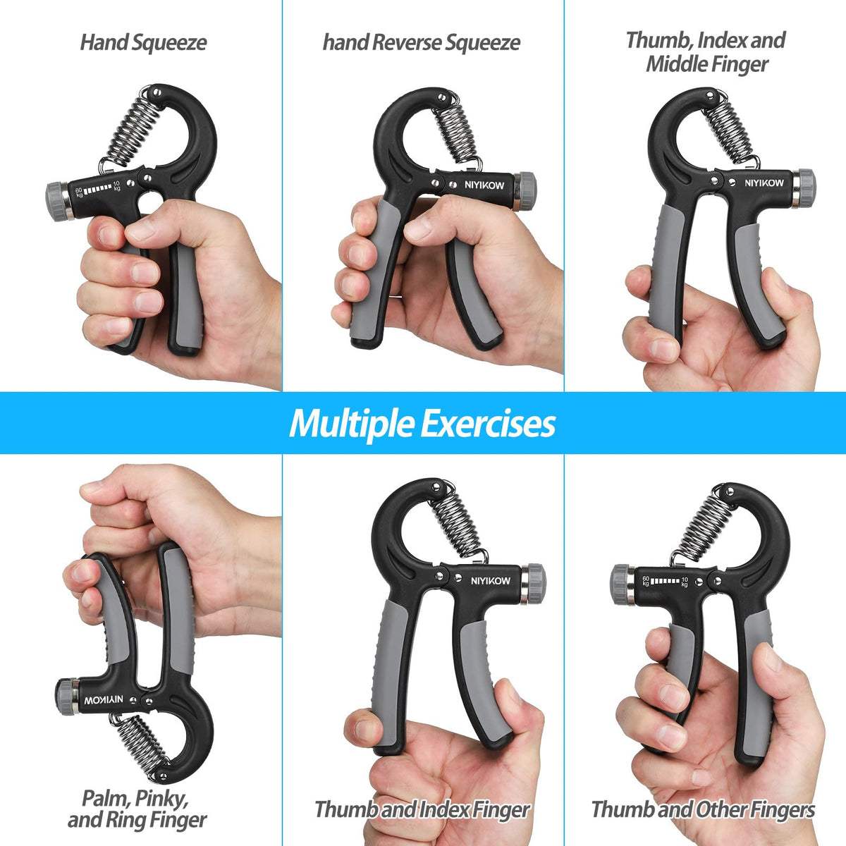 NIYIKOW Adjustable Hand Grip Strengthener, 10-60 kg, Grey (2 Pack)