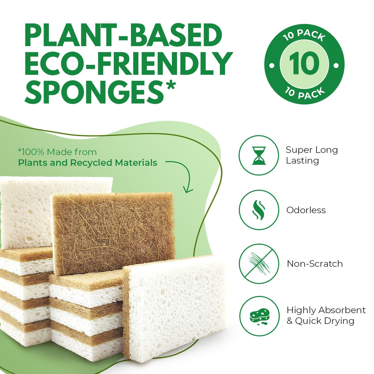 Airnex Biodegradable Cellulose and Coconut Kitchen Sponges, 10 Pack