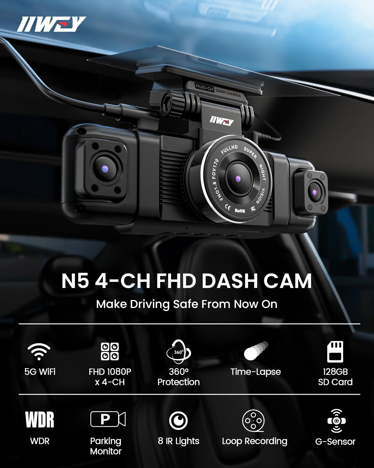 IIWEY N5 4-Channel 1080P Dash Cam with 128 GB Card