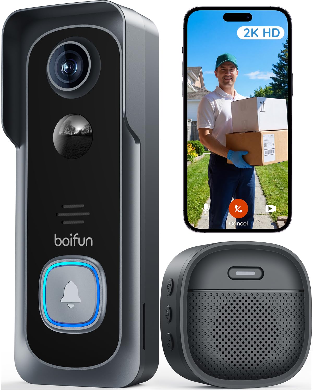 Boifun Wireless Video Doorbell Camera, 2K HD, Battery Powered