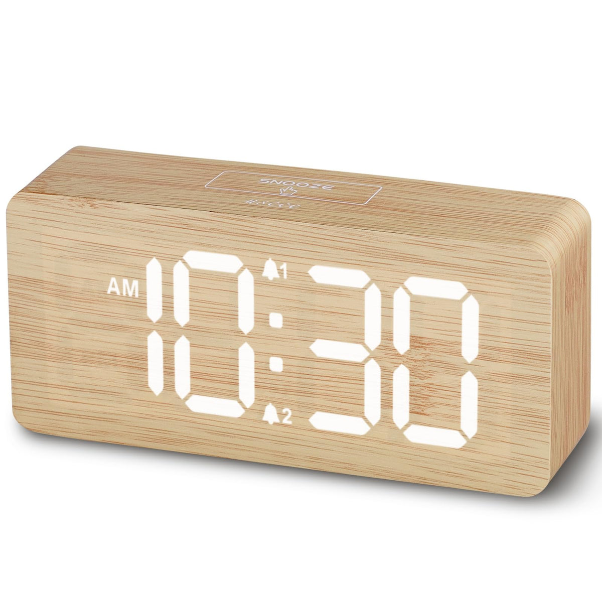 Wooden Digital Alarm Clock with Dual Alarms, Bamboo