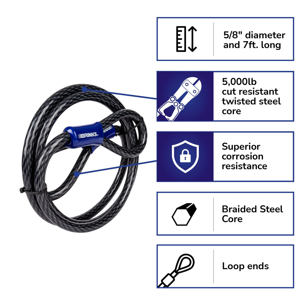 Brinks Commercial Steel Braided Loop Cable, 7 ft x 5/8 Inch