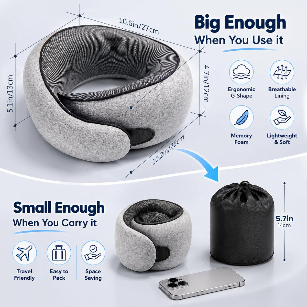 Purroch Memory Foam Travel Neck Pillow with Eye Mask, Light Grey