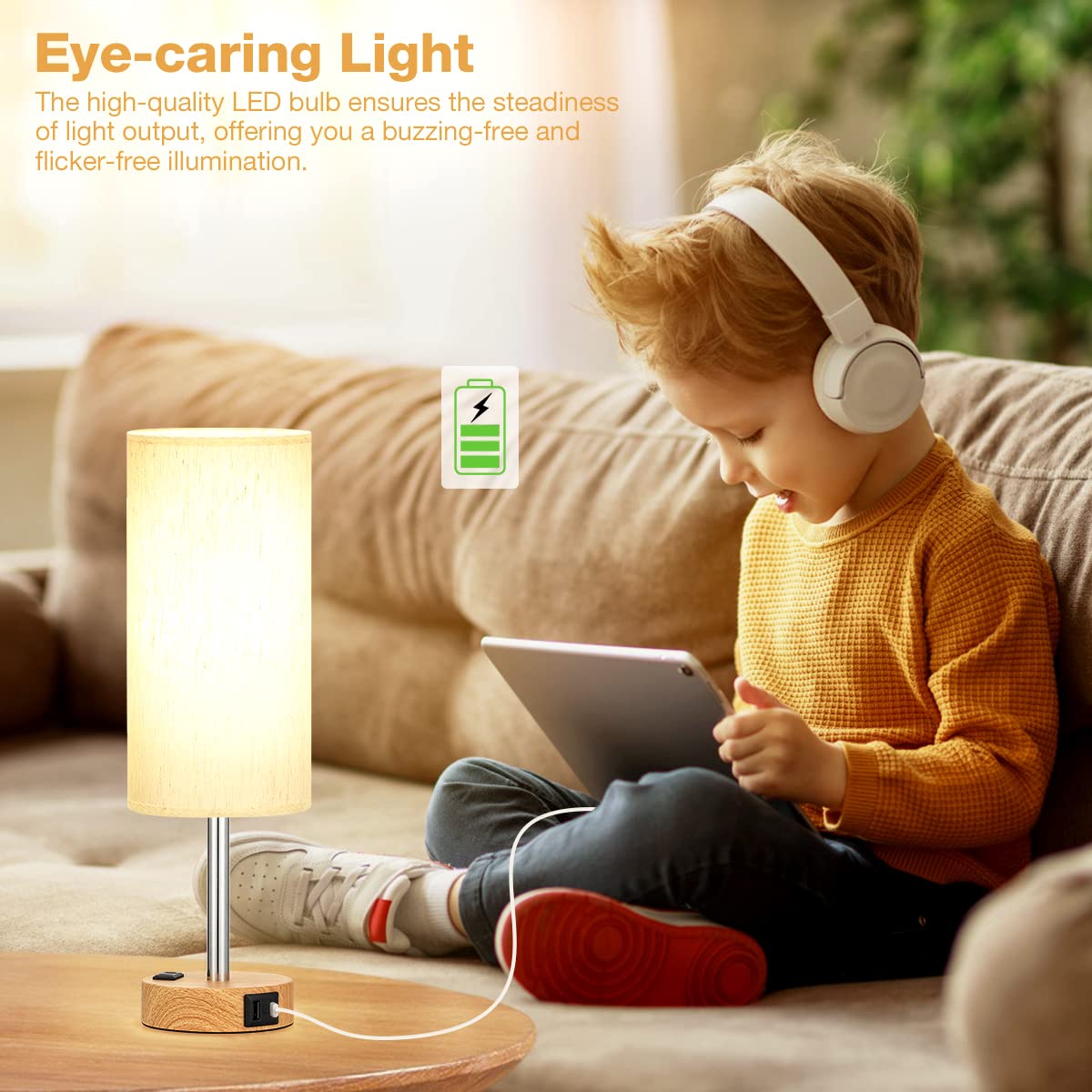 Fenmzee Dimmable Touch Bedside Lamp with USB-C and Outlet, White
