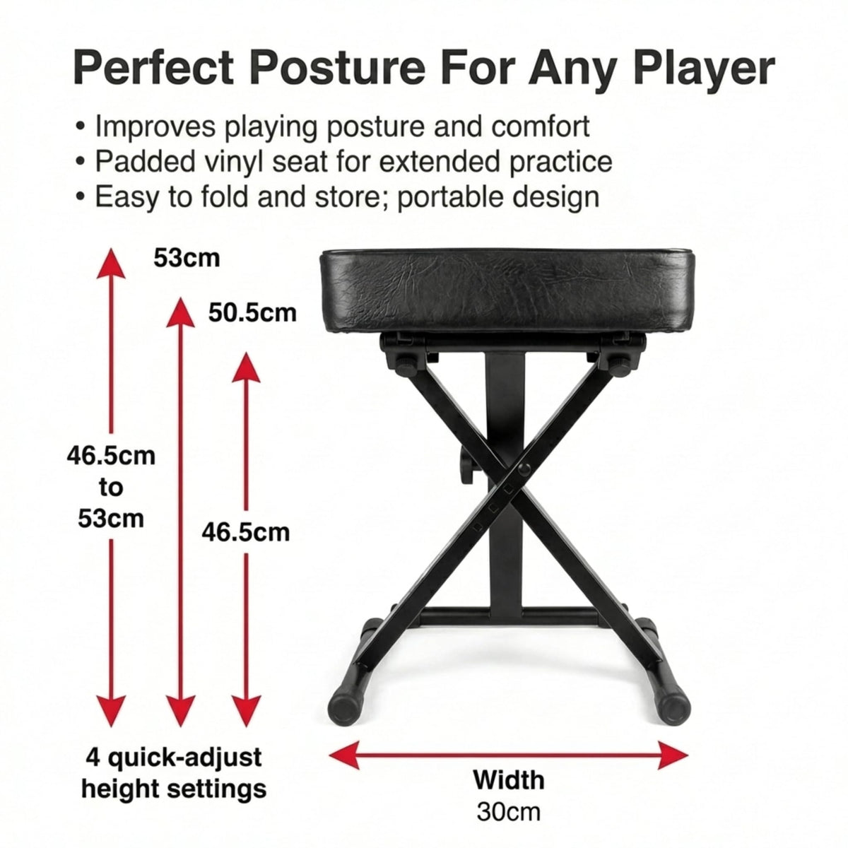 RockJam KB100 Adjustable Padded Keyboard Bench, Black