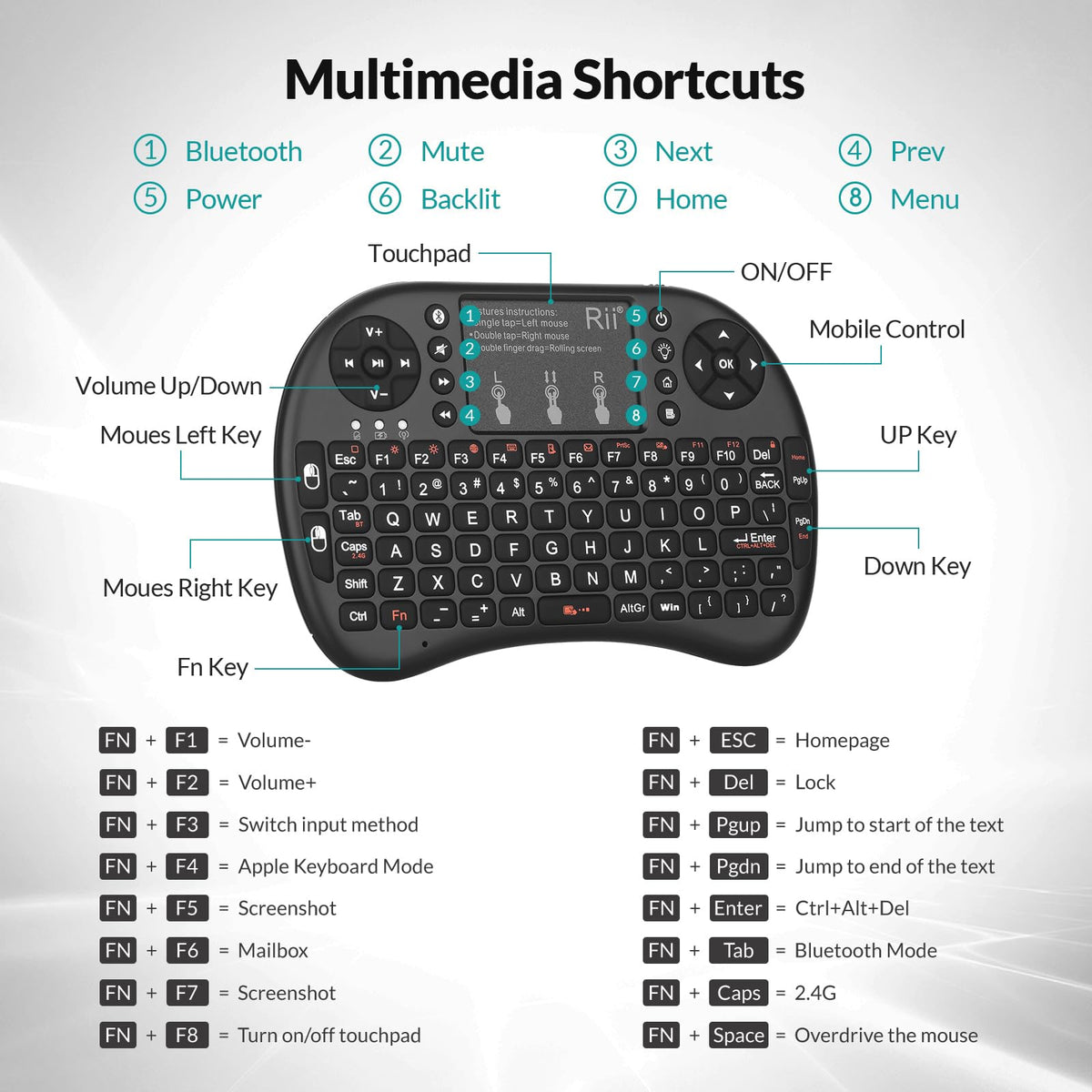 Rii i8+ Mini Wireless Bluetooth Keyboard with Touchpad, LED Backlit
