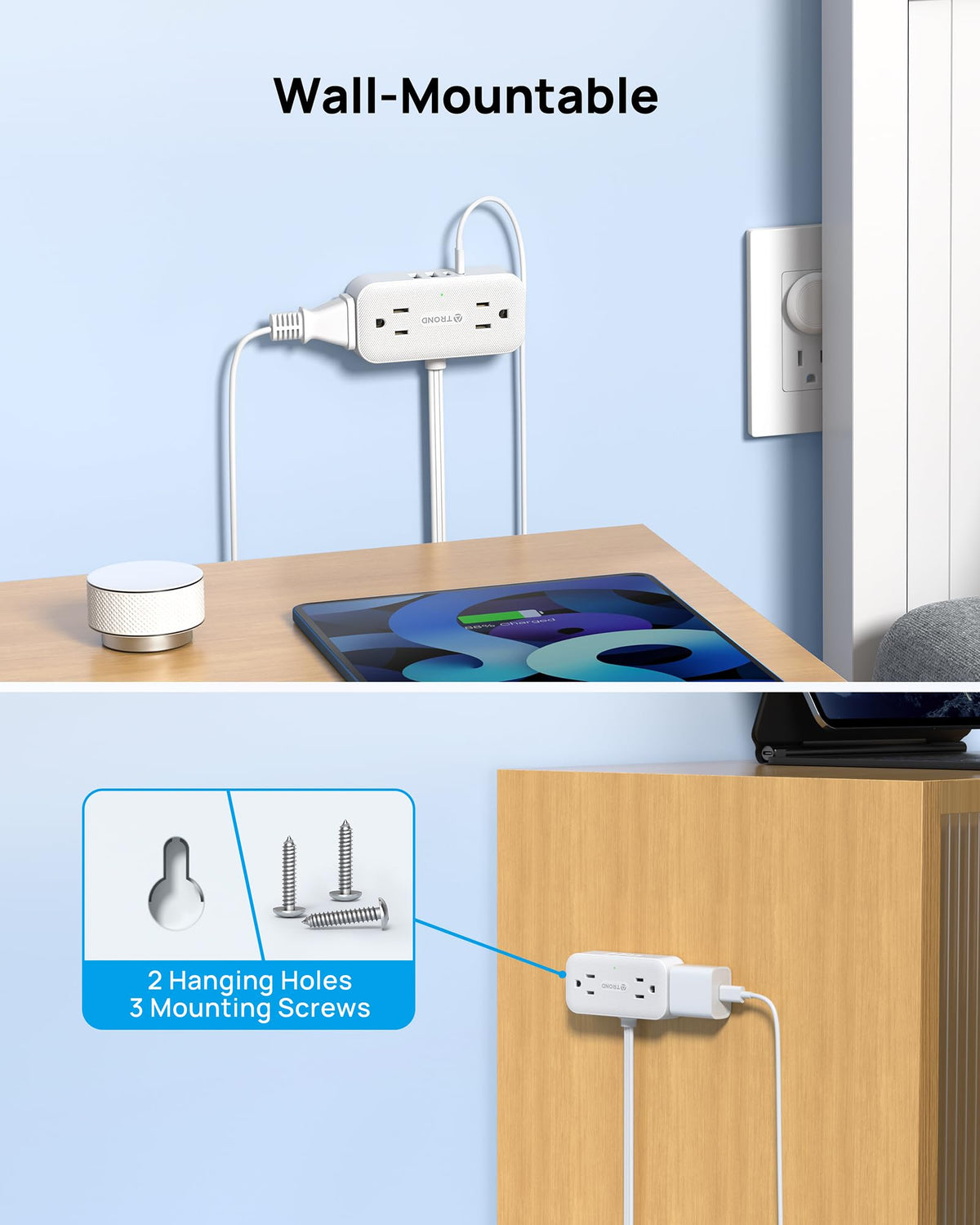 TROND Flat Plug Surge Protector Power Bar with 4 USB, 5 ft, White
