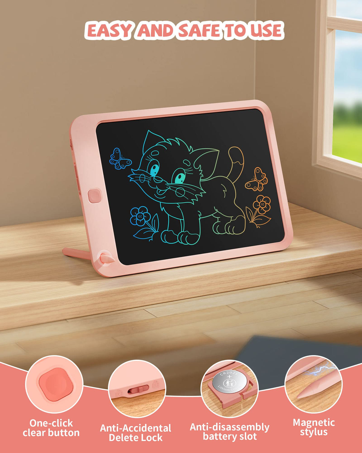LCD Writing Tablet for Kids, 10", Pink