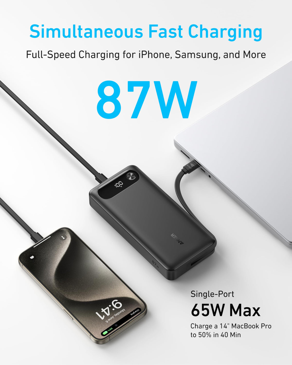 Anker Power Bank, 20,000mAh, 87W, Built-In USB-C Cable, Black