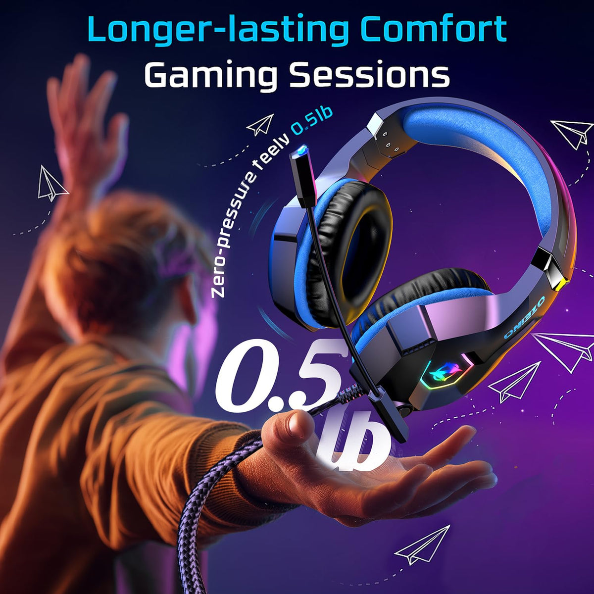 Ozeino Gaming Headset with Mic and RGB Lights, Blue