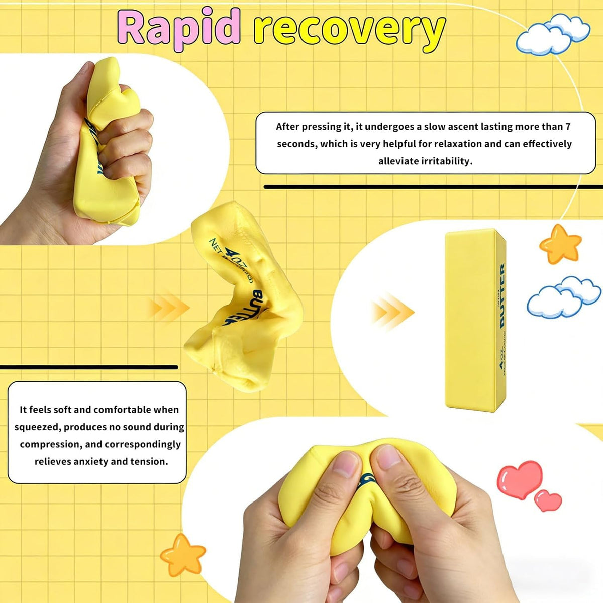 Butter Stress Balls, Slow Rebound, Yellow, 2 Pcs