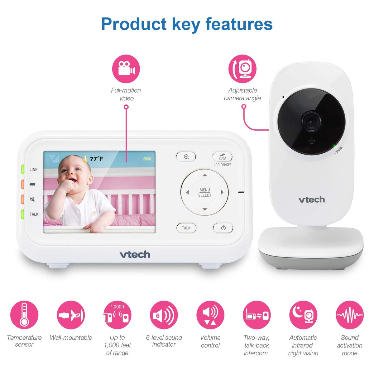 VTech VM3252-2 Digital Video Baby Monitor, 2.8 Inch, 2 Cameras, White