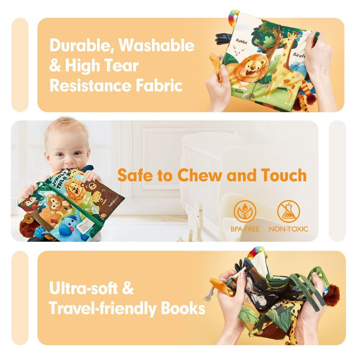 hahaland Touch and Feel Crinkle Cloth Baby Book, Jungly Tails