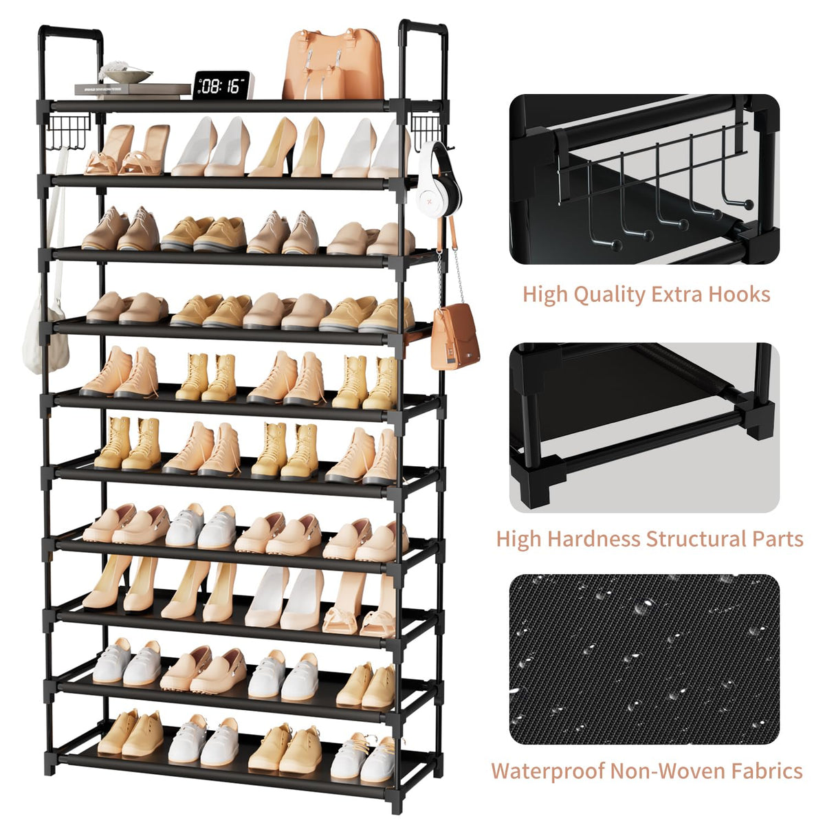 10 Tier Shoe Rack, Holds 50-55 Pairs, with Hooks