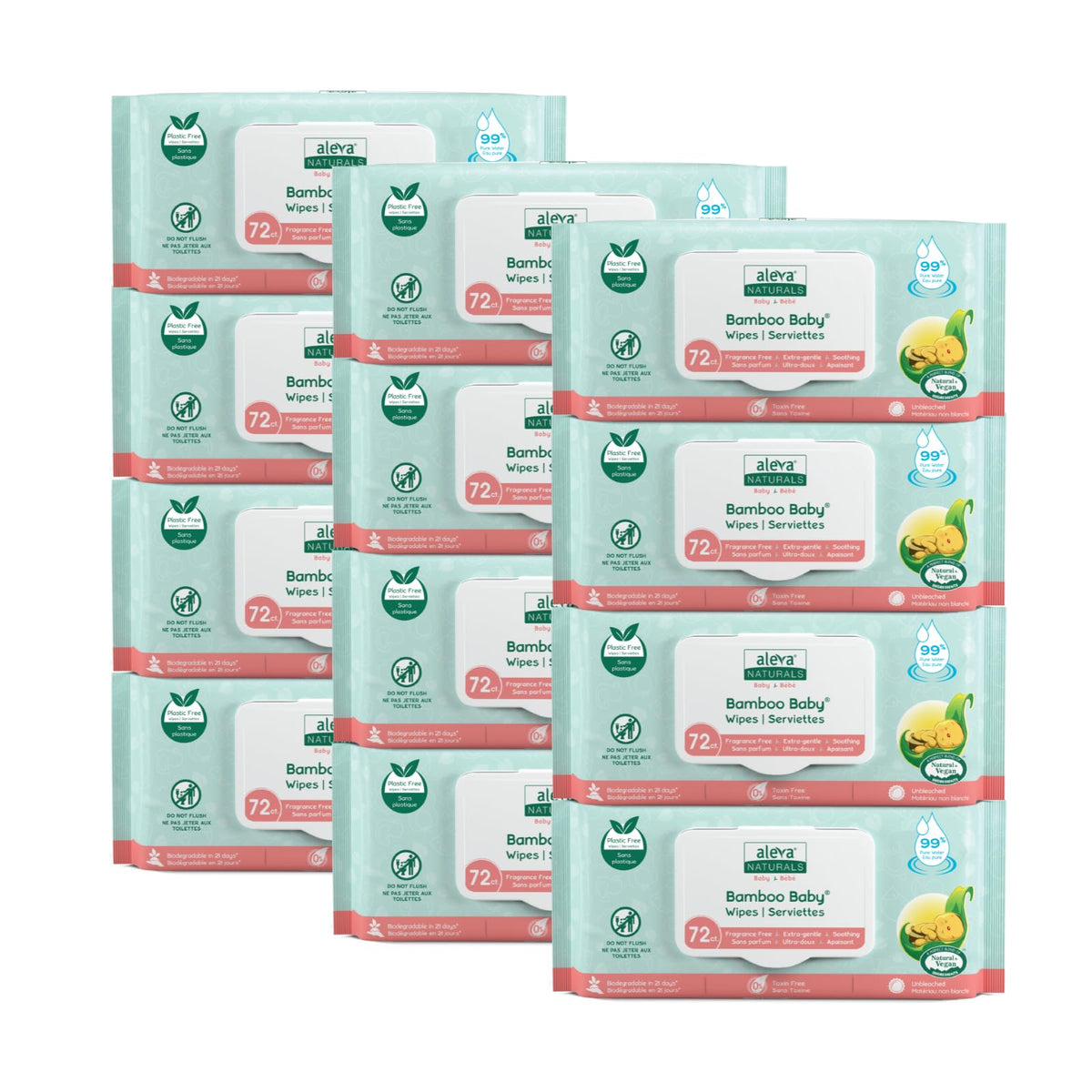 Aleva Naturals Bamboo Baby Wipes, Sensitive Skin, 72 Count, 12 Pack