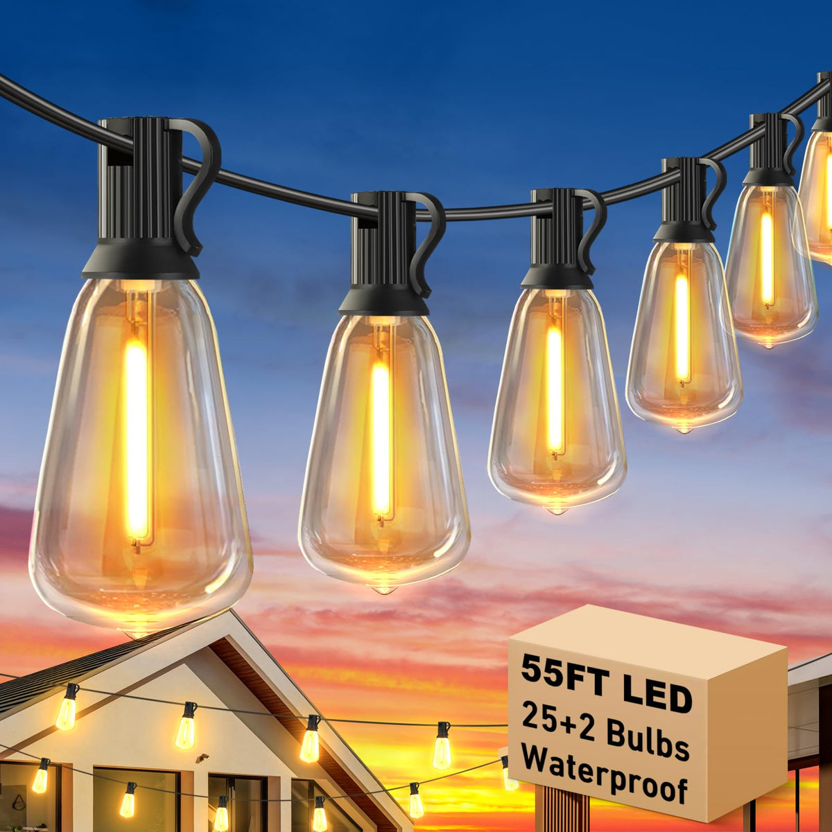 55 ft Outdoor String Lights with 27 Shatterproof ST38 LED Bulbs