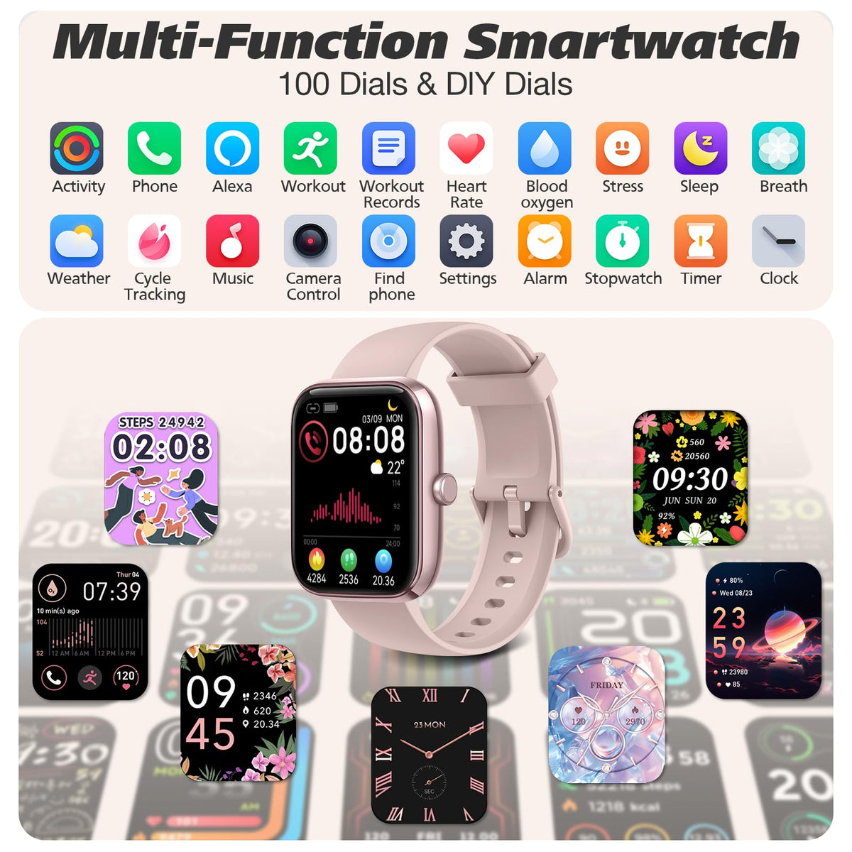 VRPEFIT 1.83-Inch Smart Watch with Calling and Alexa, Crepe Pink