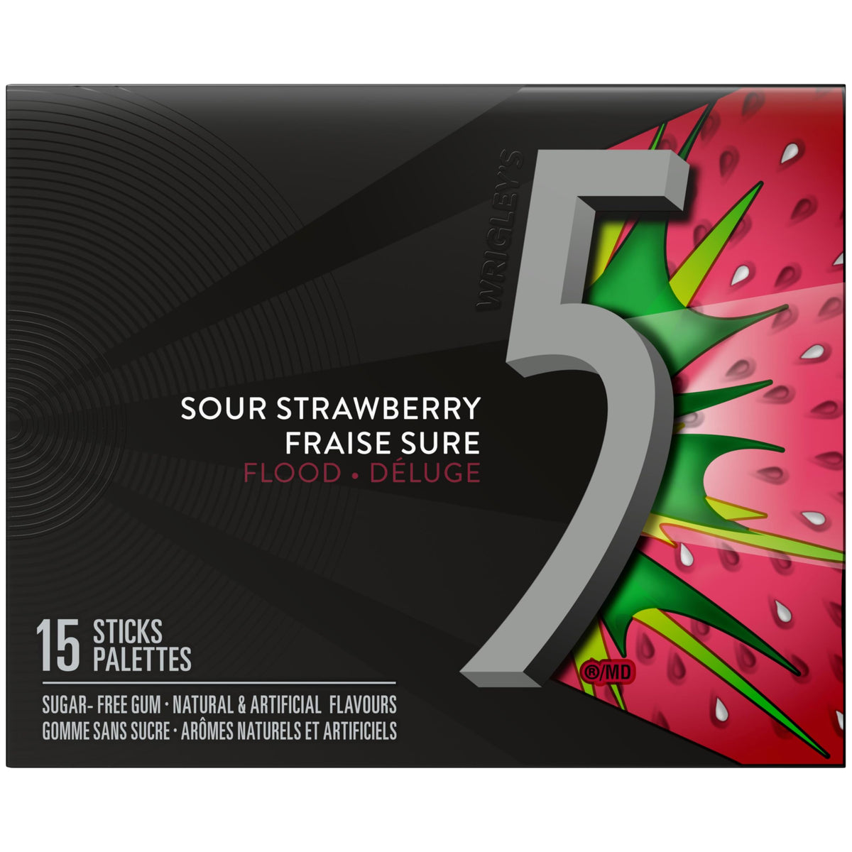 5 Gum Strawberry-Flood Sugar Free Chewing Gum, 15 Sticks, 10 Packs