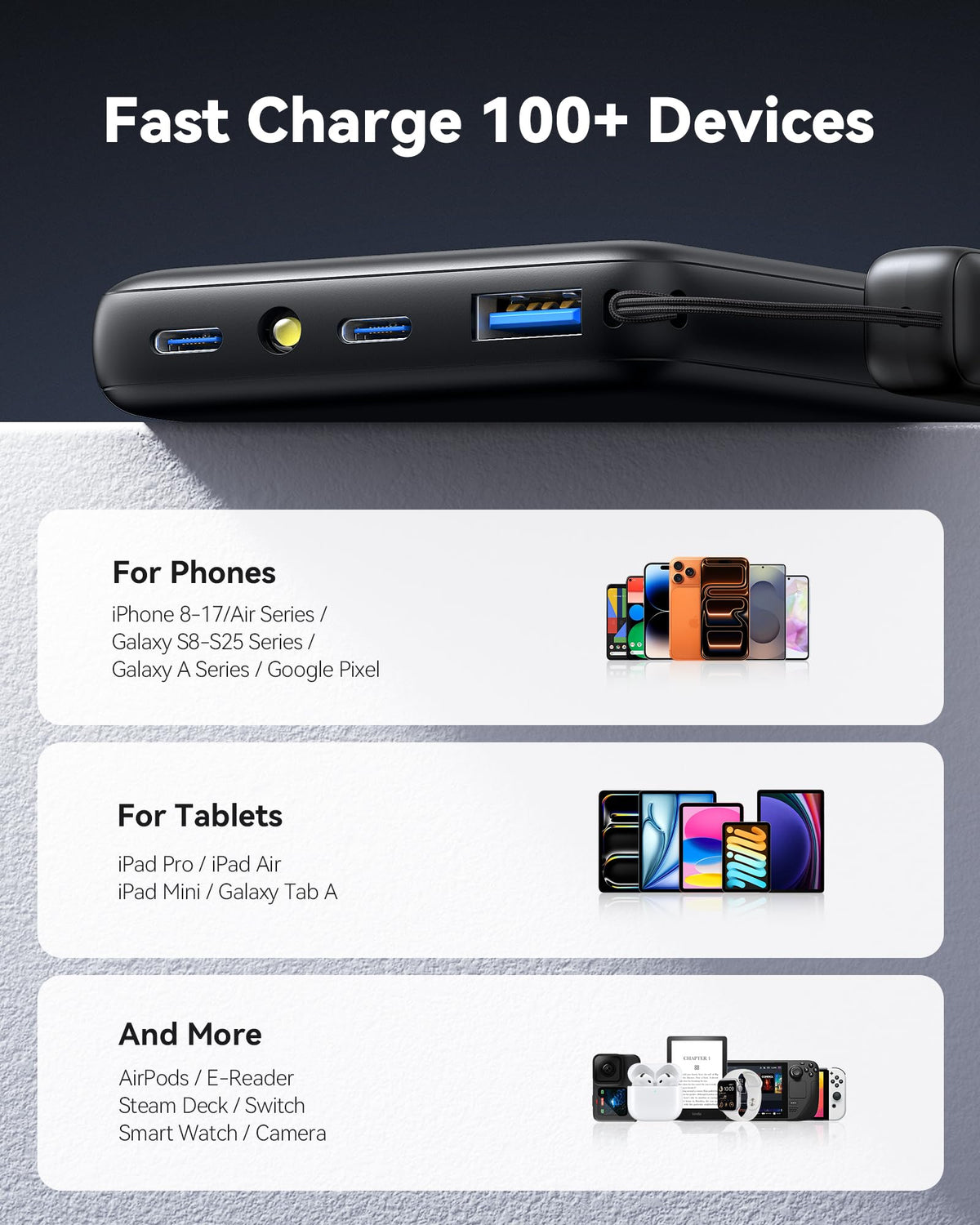Iniu Compact Power Bank, 10000mAh, 45W, Detachable USB-C Cable