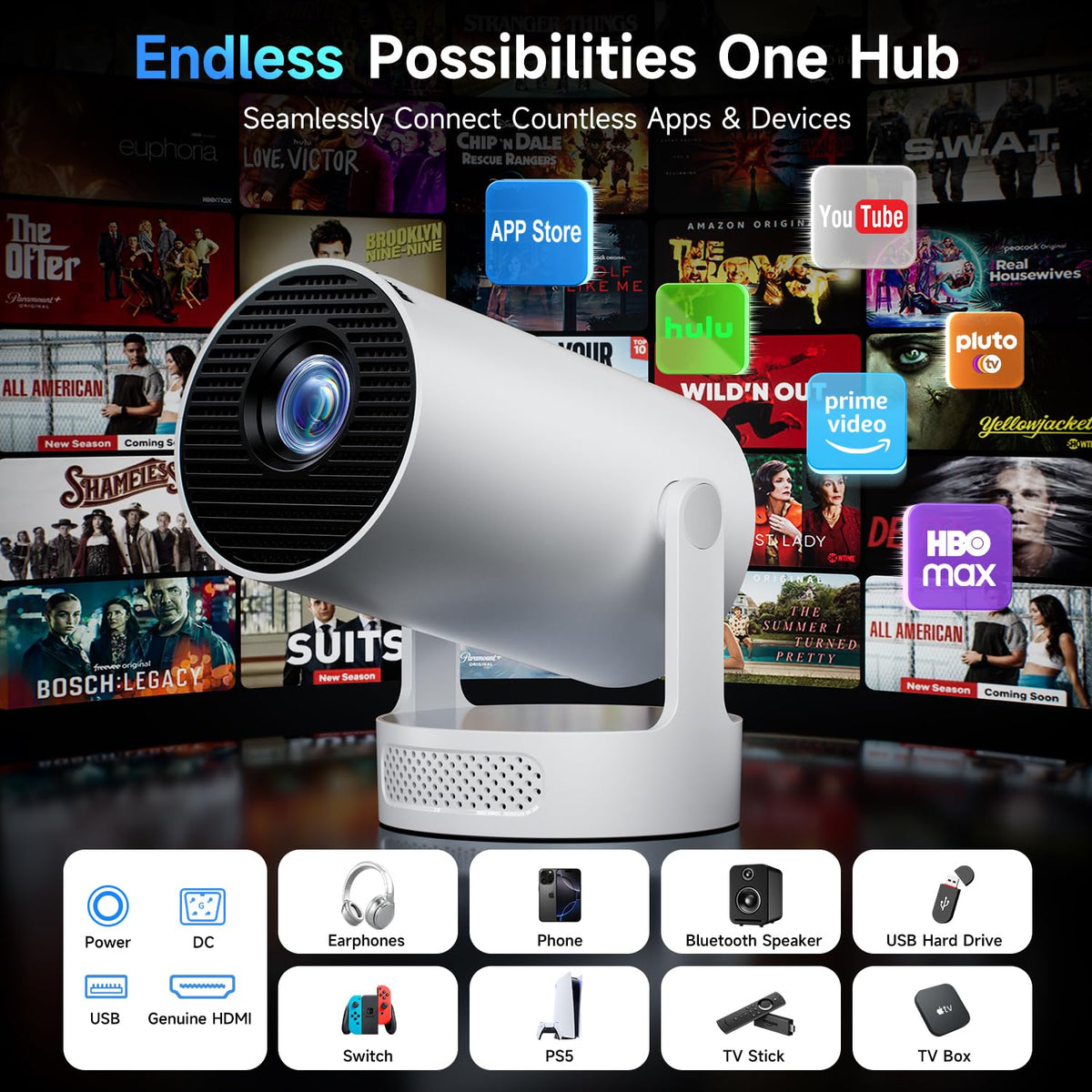 Kimwood 1080p Ultra Short Throw Mini Projector, White