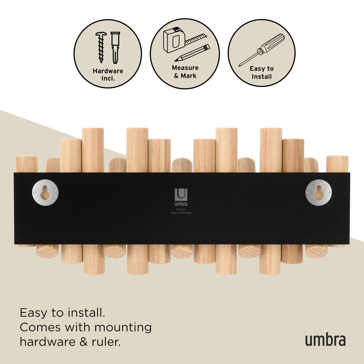 Umbra Picket Coat Rack, 5 Flip-Down Wood Hooks, Natural