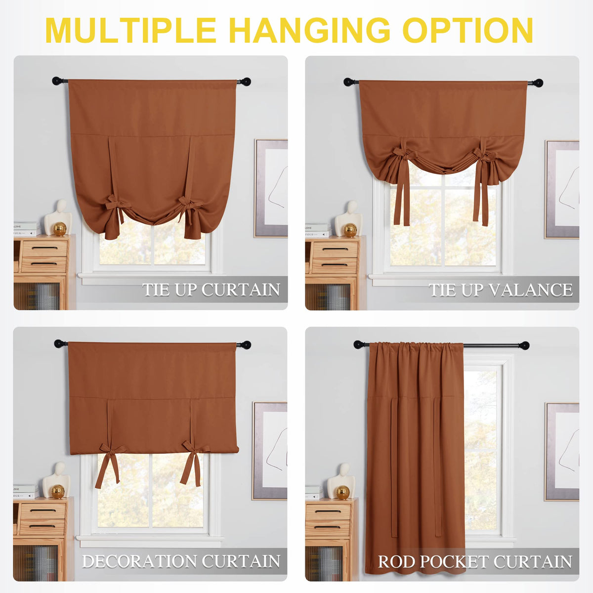 NICETOWN Thermal Roman Tie-Up Curtain, 52x45 Inch, Burnt Orange
