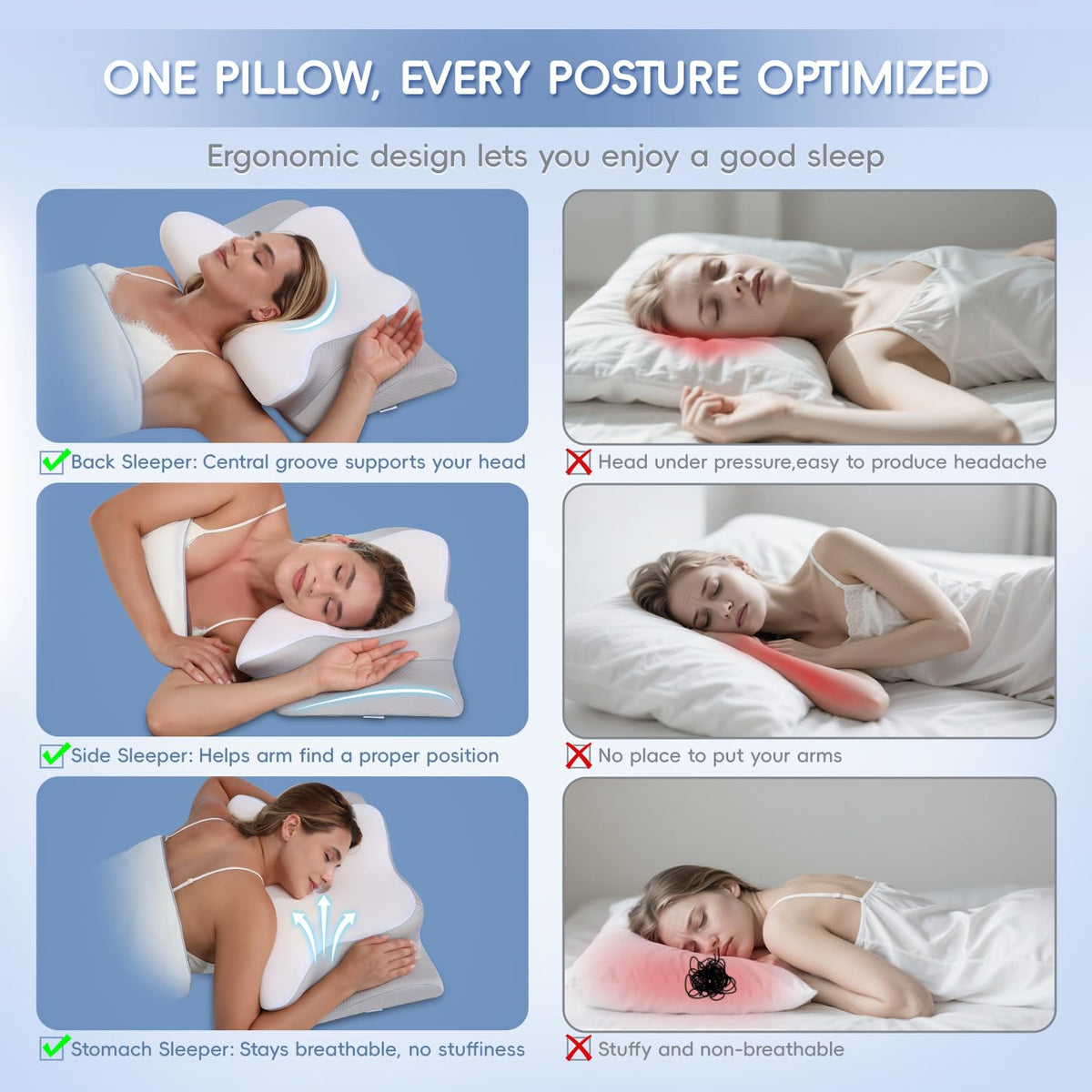 Missleep Contour Memory Foam Cervical Pillow, 2 Heights, White