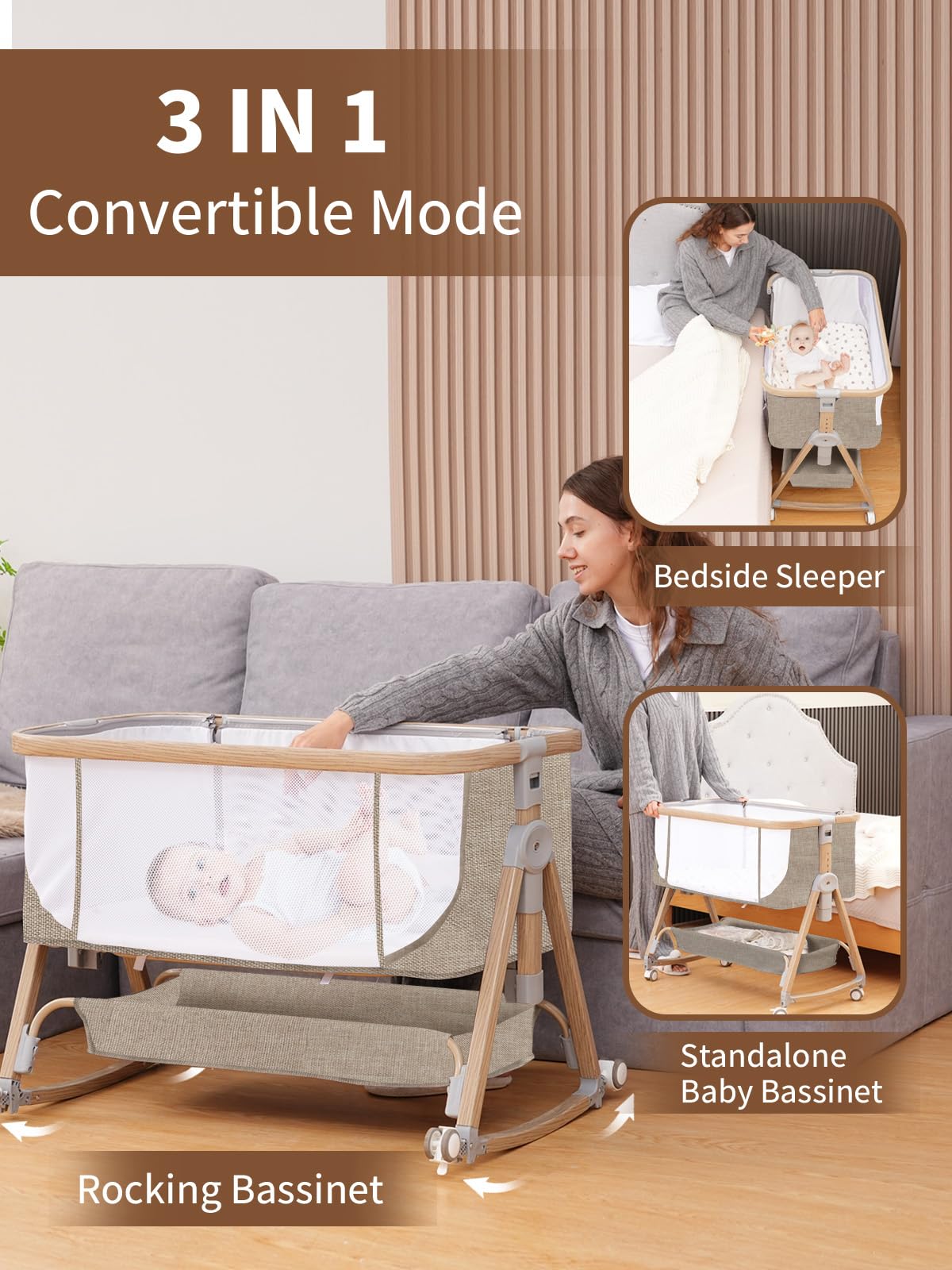 Jestonten Bedside Sleeper Baby Bassinet with Wheels, Khaki