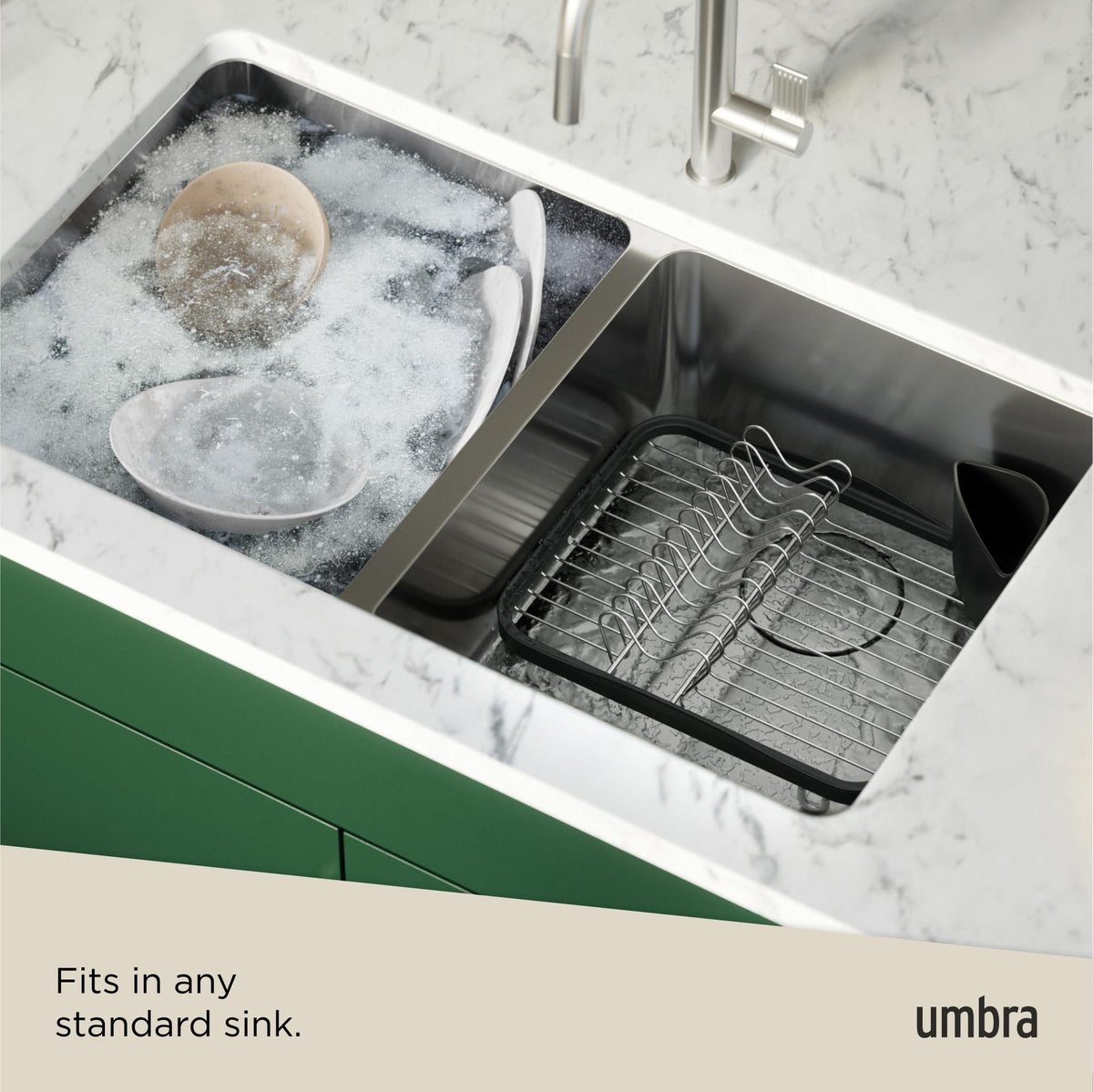 Umbra Sinkin Dish Drying Rack with Cutlery Holder, Black/Nickel