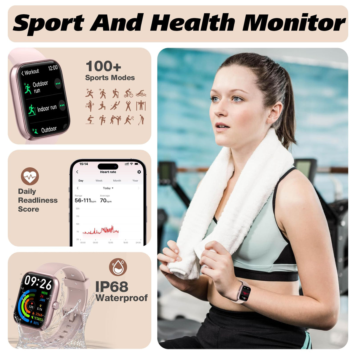VRPEFIT 1.83-Inch Smart Watch with Calling and Alexa, Crepe Pink