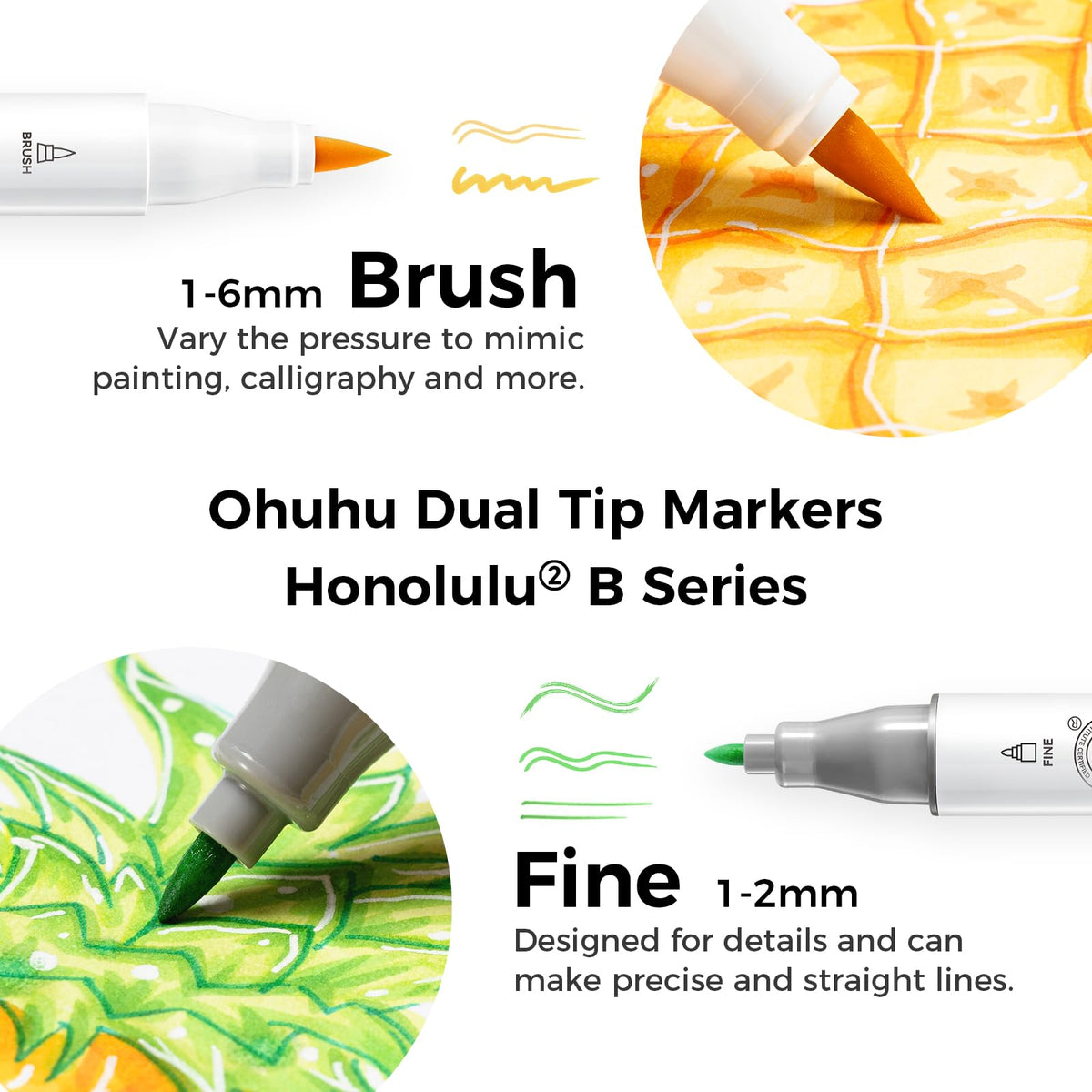 Ohuhu Honolulu 2B Brush & Fine Dual Tip Alcohol Markers (48 Colours)