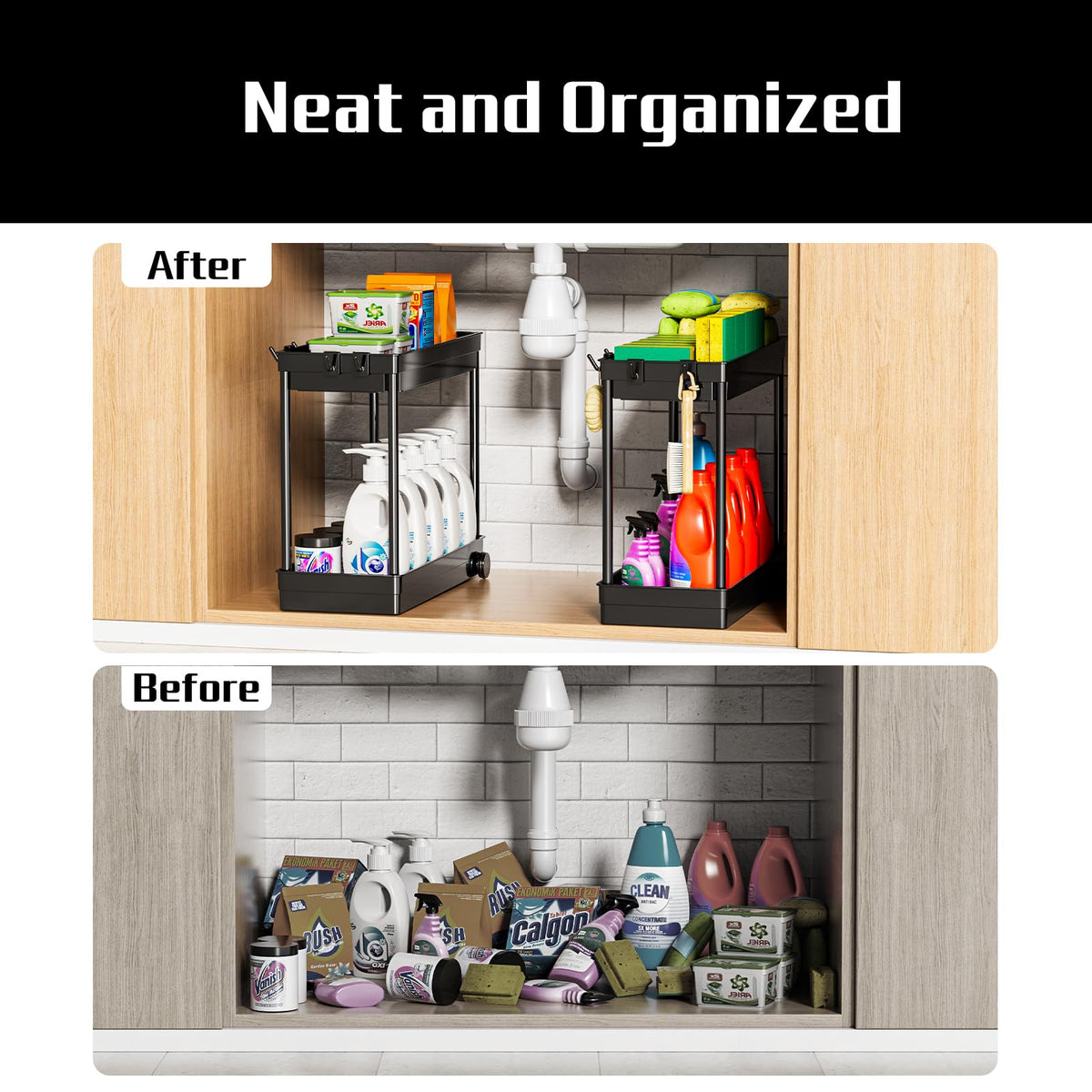 Cicilyna 2-Tier Under Sink Organizer with Hook, Black, 2 Pack