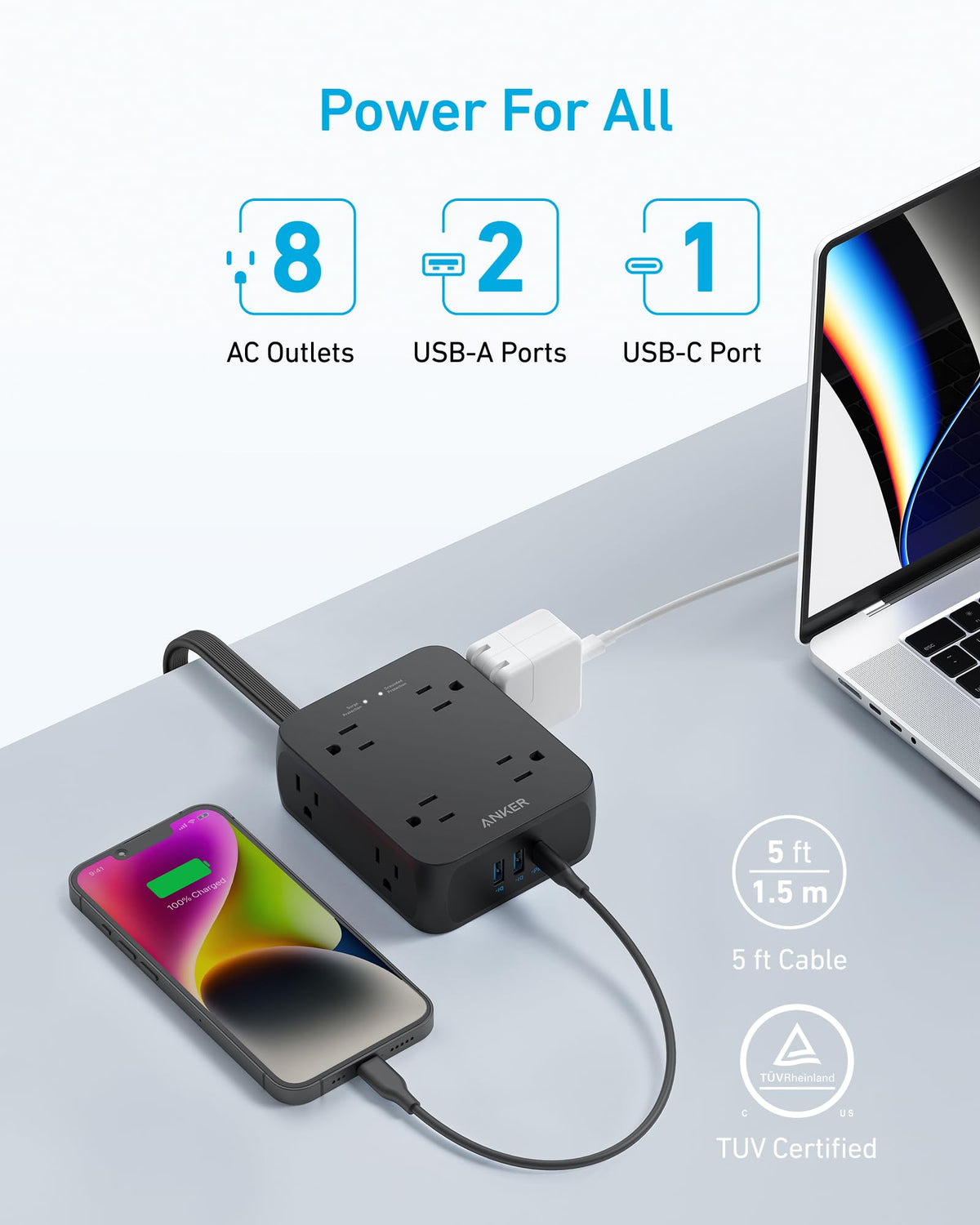 Anker Surge Protector Power Strip, 2000J, 5 ft, 8 Outlets, Black